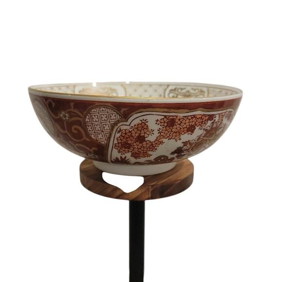 Vintage Porcelain Bowl Gold Imari Hand-Painted Sz 8.5" Asian Decor Red & White - Picture 13 of 16